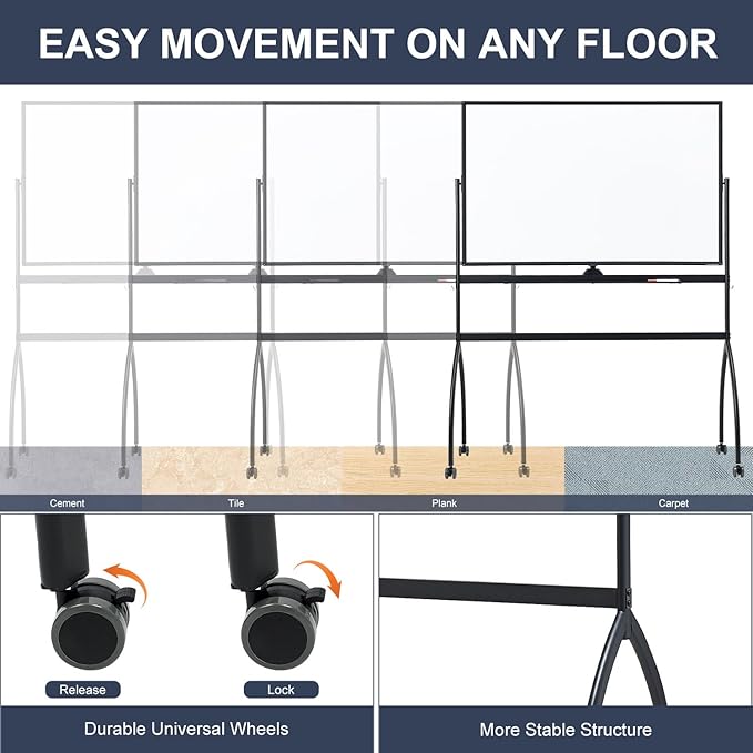 TANKEE White Board Height Adjustable - 48 x 32 Mobile Whiteboard on Wheels, Large Magnetic Double-Sided Rolling Dry Erase Board with Stand, Standing Whiteboard for Office School Home Classroom