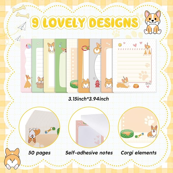 Sabary 9 Pads Sticky Notes 3.15 x 3.94 Inches Cute Self Sticky Note Pads Colored Adhesive Notepad for Memo Reminder Journal Studying Office Home Gift(Corgi)