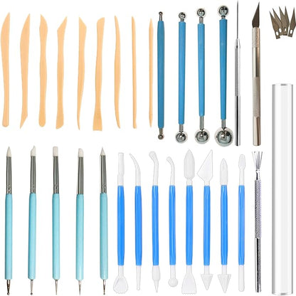 31pcs Polymer Clay Sculpting Tools Set, Air Dry Modeling Clay Roller Dotting Tool Kit Fondant Metal Cutters Silicone Embossing Pen Balls Stylus Rollin