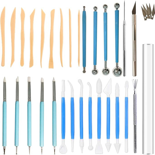 31pcs Polymer Clay Sculpting Tools Set, Air Dry Modeling Clay Roller Dotting Tool Kit Fondant Metal Cutters Silicone Embossing Pen Balls Stylus Rollin