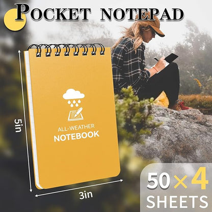 Waterproof Notebook, 4 Pack Top-Spiral Pocket Notepad, 3" x 5" Weatherproof NotePad, All Weather Police Pocket Notebook Little Memo Steno Note Pads for Outdoor Office School Recording, Black