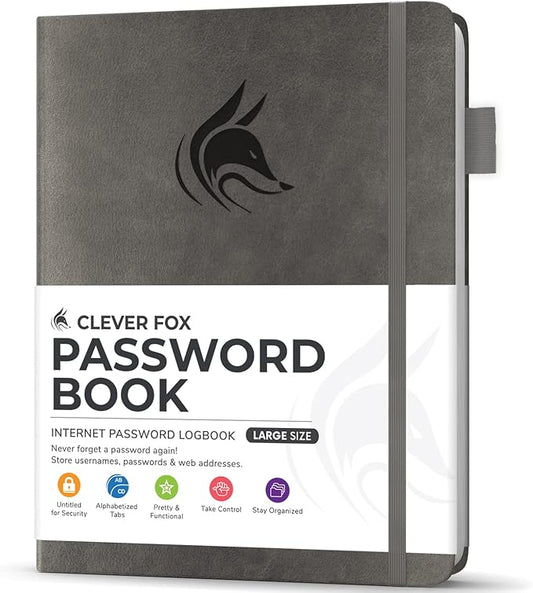 Clever Fox Password Book with Alphabetical tabs. Internet Address Organizer Logbook. Large Password Keeper for Website Logins (Gray)