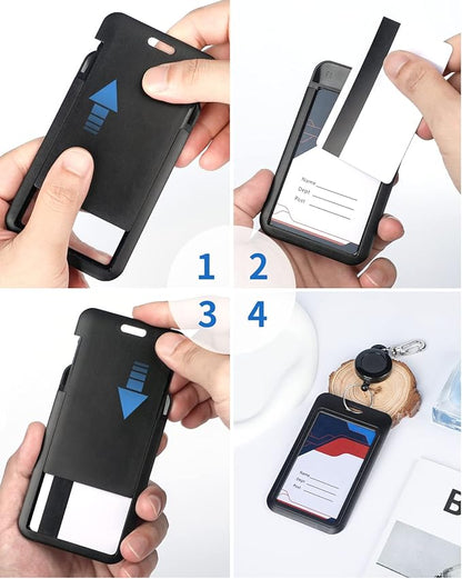 Uniclife 2 Pack Sliding Badge Holder Hard Black Vertical Plastic Card Case Protector with Retractable Badge Reel Carabiner for Office School ID Credit Proximity Key Card Driver’s License and Pass