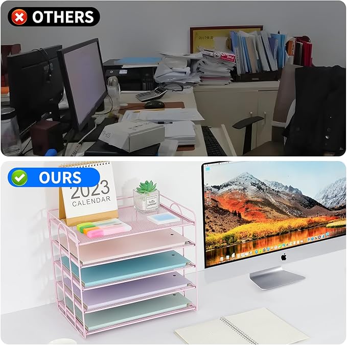 5 Tier Mesh Paper Letter Tray Organizer, Desktop Mail Sorter Office Supplies Organizer for Desk, Desk Organizers and Accessories (Pink)