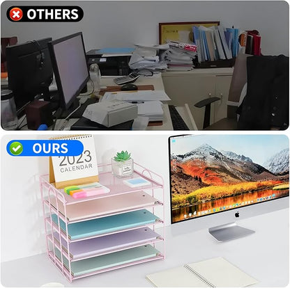 5 Tier Mesh Paper Letter Tray Organizer, Desktop Mail Sorter Office Supplies Organizer for Desk, Desk Organizers and Accessories (Pink)