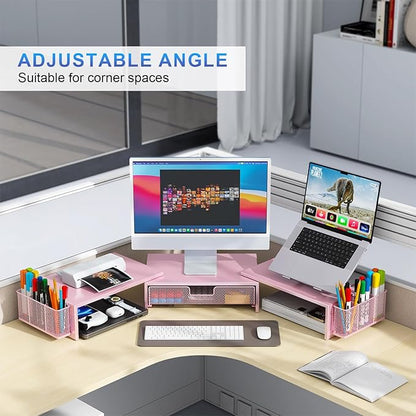 gianotter Dual Monitor Stand Riser, Desk Organizer With Drawer and 2 Pen Holders,Desk Organizers and Accessories, Pink Office Supplies (Pink)