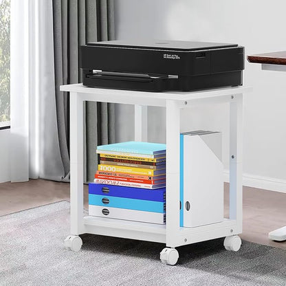 Under Desk Printer Stand, 2-Tier 19.5''x 16''x 22'' Rolling Printer Stand Storage Shelves for Printer, Scanner, Fax Machine, Files, Books with Anti-Skid Feet for Home, Office, White
