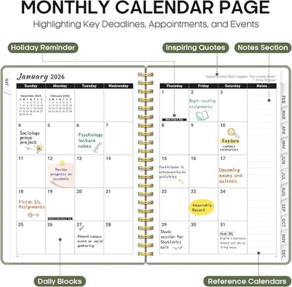 2026 Planner, Weekly and Monthly Calender Planner, Jan 2026 to Dec 2026, Hardcover 2026 Calendar Planner Book with Tabs & Inner Pocket, Office Home School Supplies for Women & Men - A5 (6.3" x 8.5"), Green