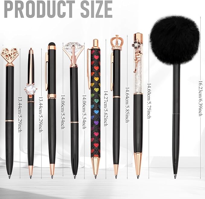 WEMATE 8Pcs Ballpoint Pens Set Metal Crystal Diamond Pen Glitter Pen for Journaling Black Pen Bling in Black & Blue Ink Pretty Cute Pens Fancy Pens Gifts for Women Wedding School Office Desk(Black)