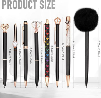 WEMATE 8Pcs Ballpoint Pens Set Metal Crystal Diamond Pen Glitter Pen for Journaling Black Pen Bling in Black & Blue Ink Pretty Cute Pens Fancy Pens Gifts for Women Wedding School Office Desk(Black)