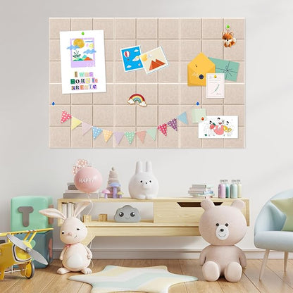 Smarpau 48"x36" Felt Bulletin Boards Felt Wall Tiles 12 Pack Large Corkboard Cork Bulletin with Removable Adhesive Tabs Square Cork Wall Tiles for Office Home Classroom Deep Camel