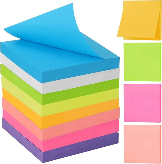 12 Pack Sticky Notes 3x3 Inches, 8 Bright Colors Self-Stick Notes, Strong Adhesive Sticky Memo Pads forHome Office School, 100 Sheets/Pad