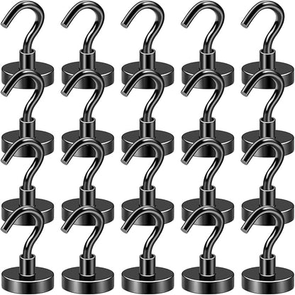 DIYMAG Black Magnetic Hooks, 50 LB Heavy Duty Magnet with Hooks, 20 Packs Strong Rare Earth Neodymium Magnet Hooks for Hanging, Magnetic Hanger for Curtain, Home, Kitchen, Workplace