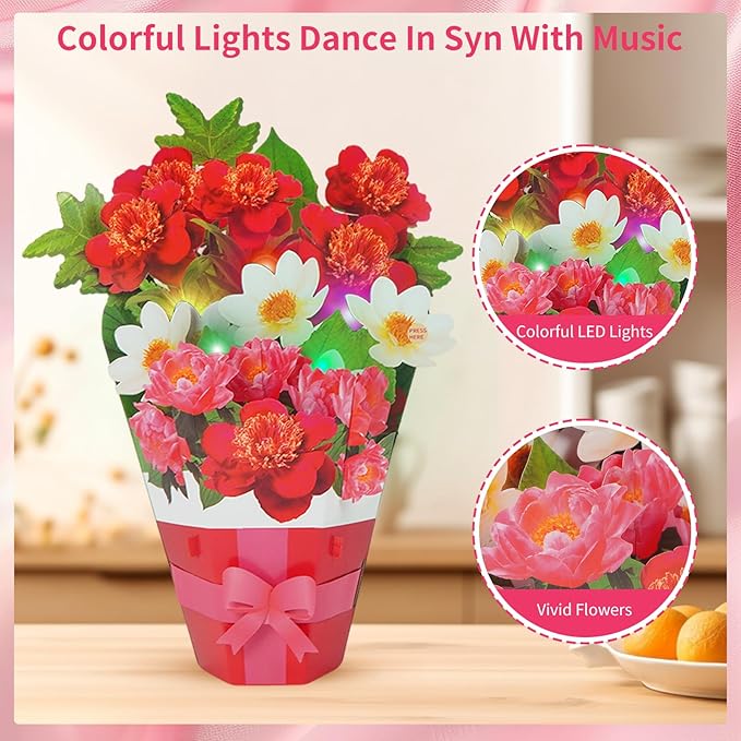 3D Pop Up Magnolia Flower Bouquet Card - Musical Birthday Card with LED Lights, Mother’s Day, Anniversary, Graduation, Thank You & Congratulations Gift for Women, Men, Friends, Family