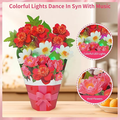 3D Pop Up Magnolia Flower Bouquet Card - Musical Birthday Card with LED Lights, Mother’s Day, Anniversary, Graduation, Thank You & Congratulations Gift for Women, Men, Friends, Family