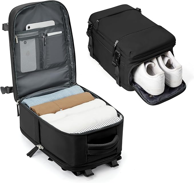 Small Black Backpack for Travel, Carry on Backpack for Men Women, Laptop Backpack with 14-15.6 inch Laptop Compartment, Flight Approved Water Resistant College Luggage Daypack with Shoe Compartment