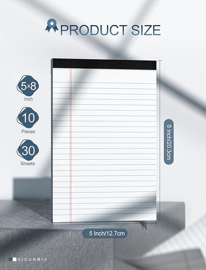 10 Pack Legal Pads Writing Pad 5x8 Inch Lined Writing Note Pads Grocery List Notepad Narrow Ruled Writing Pads 5x8 White Small Legal Pad 30 Sheets To Do Notepad 80GSM Paper for School, College, Office