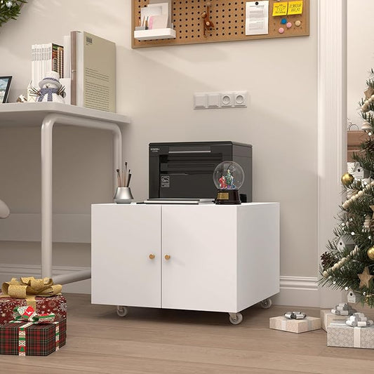 Under Desk Printer Stand with Wheels, Low Printer Stand Storage, Filing Cabinet with Paper Storage Shelf, File Carts with 2 Doors, Mobile Printer Holder for Home Office, School, White