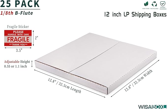 White Vinyl Record Mailers 12.8x12.8x1 Inch LP Mailing Corrugated Cardboard Boxes, Easy-Fold, Multi-Depth Album Shipping Boxes with Fragile Stickers, 25 Pack