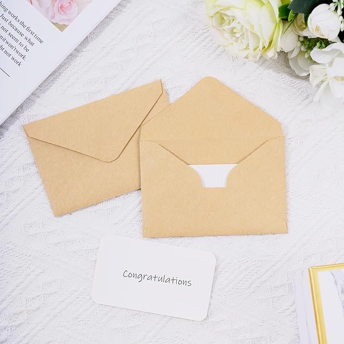 jiebor 100 Sets Small Kraft Envelopes with Small Blank Gift Business Card Wedding Invitation Pocket Envelopes for Graduations Wedding Shower Holiday 4.37 x 2.91 Inch Brown