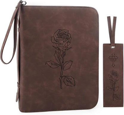 Bible Covers for Women & Men, Leather Bible Case with Rose Bookmark, Bible Supplies Carrying Bag Tote with Strap, Personalized Book Organizer for Study Journaling Bible-Dark Brown