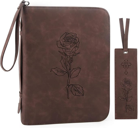 Bible Covers for Women & Men, Leather Bible Case with Rose Bookmark, Bible Supplies Carrying Bag Tote with Strap, Personalized Book Organizer for Study Journaling Bible-Dark Brown