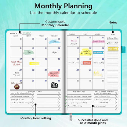 BLESWIN A5 Undated Planner, Undated Weekly Monthly Planner 5.7”x8.5”, Leather Weekly & Monthly Planner Undated, Organizer Planner for Work or Personal Use with Elastic Closure, Pen Loop, Stickers