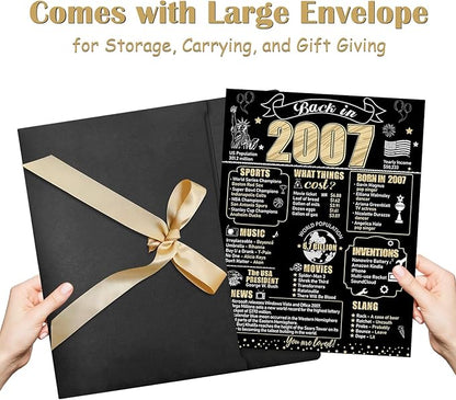 Large 18th Birthday Card With Envelope for Boys Girls, 2007 Black Gold Happy 18th Birthday Giant Guest Signature Book Gifts, Big Vintage 2007 18th Greeting Card Decoration Party Supplies
