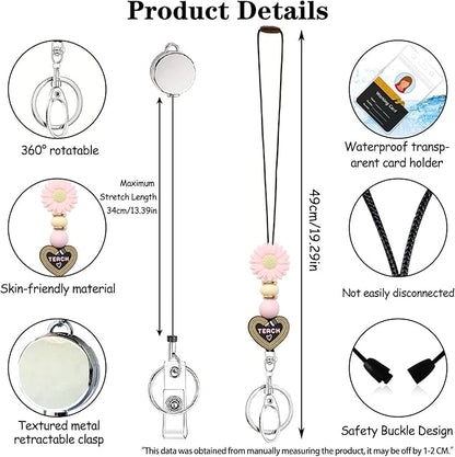 Colorful ID Badge Holder with Silicone Beads Lanyard Set,Cute Teacher Breakaway Lanyard for Keys & Keychain with Cute Retractable Badge Reel Holder,Gift for Women,Nurse, Teacher. (Y)