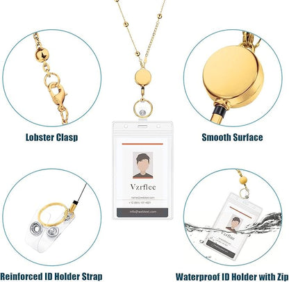 Retractable Badge Reel Lanyard with 2 Pieces ID Holder for Women, Fashion Beaded Chain Premium Stainless Steel Lanyard Necklace Water Resistant Name Badge Holder (Gold)