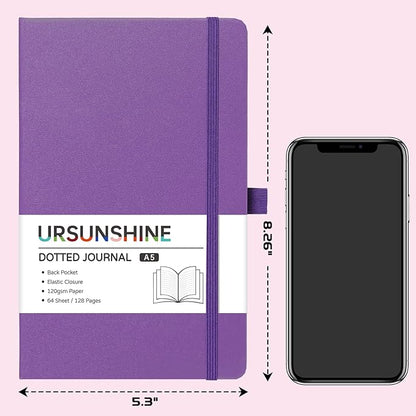 Dotted Journal/Notebook - Dot Grid Hard Cover Notebook, Premium Thick Paper with Fine Inner Pocket, Black Smooth Faux Leather, Pen Loop, 5.3'' x 8.26'' - Lavender