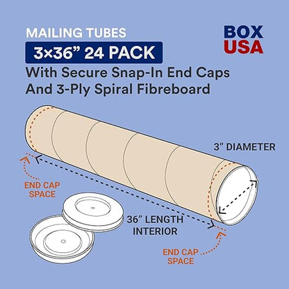 BOX USA Cardboard Tubes with Caps, 36"L x 3"W x 3"H, Pack of 24 | Poster Tube for Mailing and Storage of Blueprints, Artwork, Crafts, Long Art Holder, 36 inches