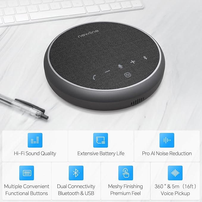 Bluetooth Speakerphone with 360° & 5 Meters (16 Feet) Voice Pickup for Work & Leisure, Pro AI Noise Reduction, High-Efficiency Full-Range Speaker, 12 Hours Battery Life