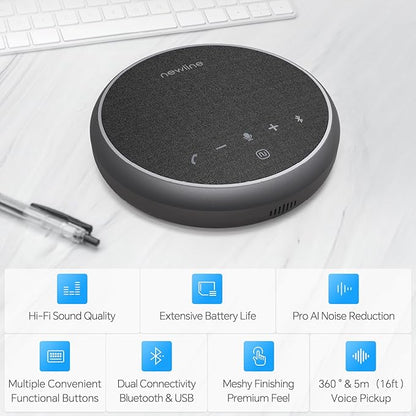 Bluetooth Speakerphone with 360° & 5 Meters (16 Feet) Voice Pickup for Work & Leisure, Pro AI Noise Reduction, High-Efficiency Full-Range Speaker, 12 Hours Battery Life