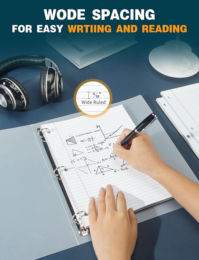 Loose Leaf Notebook Paper Wide Ruled Writing Paper, 300 Sheets Lined Paper 8.5'' x 11'', 4 Pack Writing Paper 3-Hole Punched Binder Paper, Notebook Paper for 3 Ring Binder, 75 Sheets/Pad Filler Paper