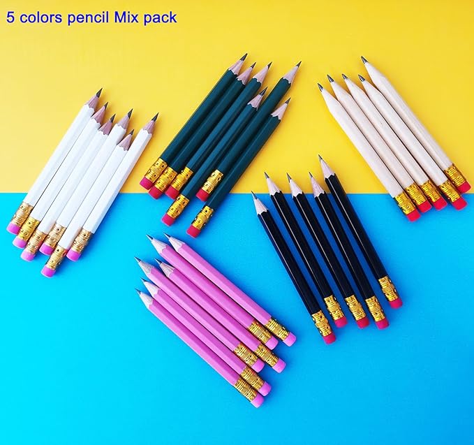 Adhere 25pcs Golf Pencils with eraser Hexagon Wooden Pencils Graphite 2B for Golf Event Scoring,Classroom,Wedding,Company Meetings,Pew, Pocket (Black・White・Green・Pink・Nature・50pcs)