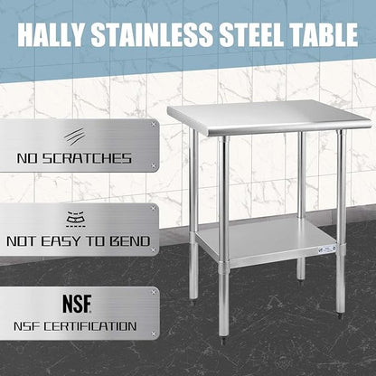 Hally Stainless Steel Table for Prep & Work 24 x 30 Inches, NSF Commercial Heavy Duty Table with Undershelf and Galvanized Legs for Restaurant, Home and Hotel