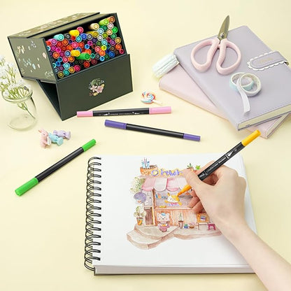 Ohuhu Markers for Adult Coloring Books No bleeding 100 Colors Coloring Markers Water-based Dual Tips Fineliner & Brush Drawing Pens Art Markers for Kids Adults Sketch Journal - Maui - Black