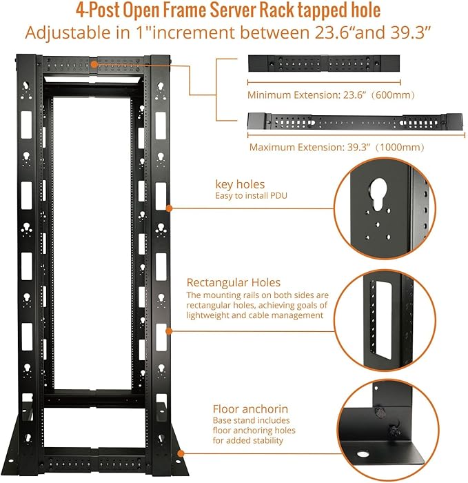 38U Open Frame Server Rack,4-Post Adjustable Depth 23.6 inch-39.3 inch Frame Rack,Professional It Rack for 19 inch Computer/AV/Data/IT Equipment,Tapped Hole