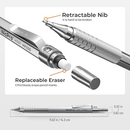 Nicpro 2 PCS Mechanical Pencil 0.5mm & 0.7 mm with Case, MP1000 Metal Artist Pencil Set with 6 Tubes HB Lead Refills, 3 Erasers, 9 Eraser Refills For Art Writing Drafting, Drawing, Sketch, Silver