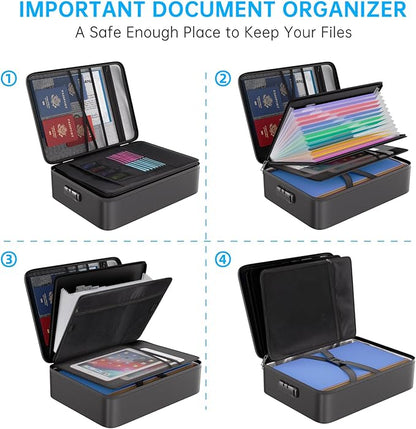 ENGPOW 5200℉ Fireproof File Organizer Bag with 13 Pocket Accordion File Folder,Document Organizer Box with Lock&Labels,Multi-Layer Portable Home Travel Safe Storage Box for Important Documents,Files