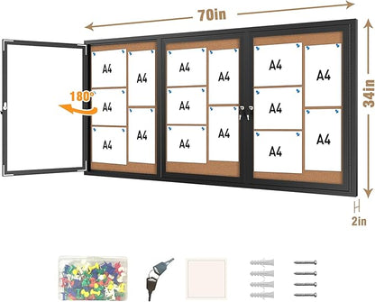 70"x34" Enclosed Bulletin Board, Outdoor Lockable Weather-Resistant Aluminum Cork Noticeboard for School & Office, Black Frame w/Cork