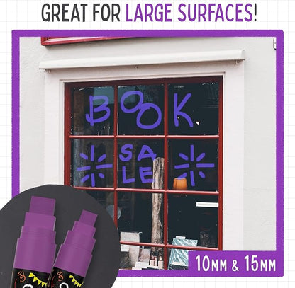 5 Purple Chalkboard Chalk Pens - Purple Dry Erase Markers for Blackboard, Chalkboard Signs, Windows, Glass | Variety Pack - Fine & Jumbo Size Ink Pen (1mm, 3mm, 6mm, 10mm, 15mm)