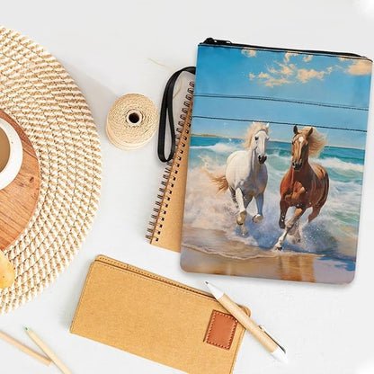 COEQINE Running Horses Book Cover with Zipper for Kids Women Portable Book Pouch Book Lovers Gifts Bookish Gifts Book Cover with Zipper for Hardcover Paperback Washable