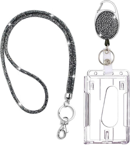 VIQWYIC Retractable ID Badge Holder with Clip, ID Name Badge Reels with Bling Rhinestones Retractable Card Holder for Office Worker Teacher Doctor Nurse (Light Black)