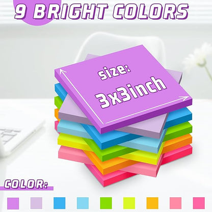 (36 Pack) Sticky Notes 3x3 in Post, 9 Bright Colors Self-Stick Note Pads it, Strong Adhesive, Easy to Post for Home, Office, Notebook