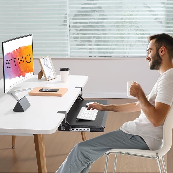 ETHU Keyboard Tray Under Desk, 26.8" x 12.2" Pull Out Steel Smooth Glide Sliding Keyboard Drawer, C Clamp Computer Keyboard Stand Ergonomic Desk Extender Tray for Home Office(Carbon)