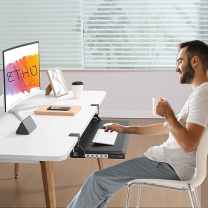 ETHU Keyboard Tray Under Desk, 26.8" x 12.2" Pull Out Steel Smooth Glide Sliding Keyboard Drawer, C Clamp Computer Keyboard Stand Ergonomic Desk Extender Tray for Home Office(Carbon)