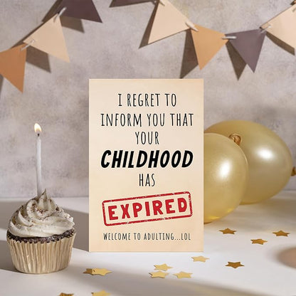 Funny 18th Birthday Card for Him Her, Humorous 18 Years Old Birthday Card for Son Daughter Sister Brother Best Friend, Your Childhood Has Expired