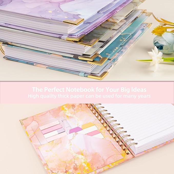 A4 Spiral Notebooks for Work, 300 Pages Lined Spiral Journal Notebook, 5 Subject College Ruled Journals for Writing, 11”x9.25''Journaling Notebooks for School Office Supplies (Pink Marble)